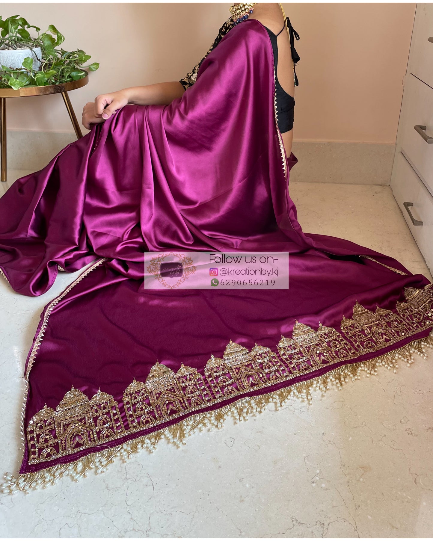 Dark Purple Satin Silk Taj Mahal Saree - kreationbykj