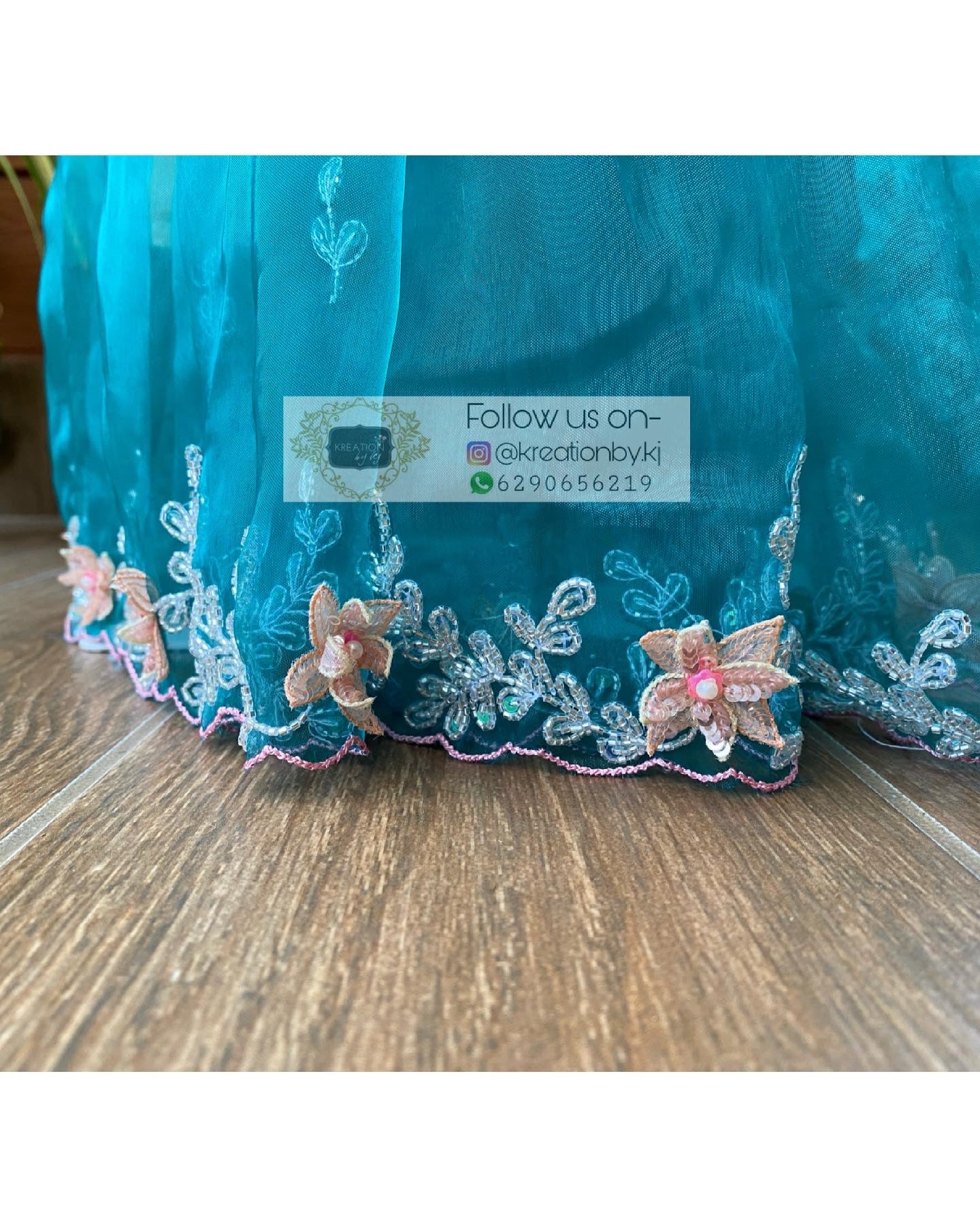 Teal Blue Floral Applique Glass Tissue Saree - kreationbykj