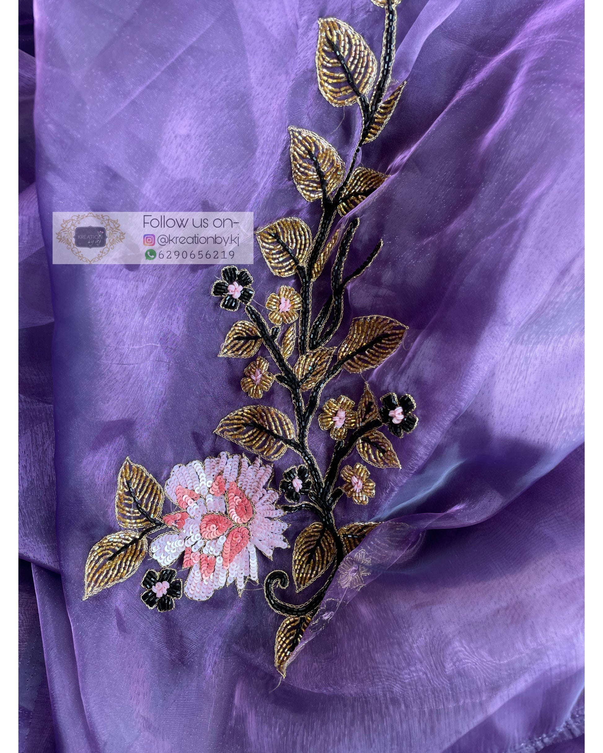 Violet Glass Tissue Saree With Hand Embroidered Floral Motifs - kreationbykj