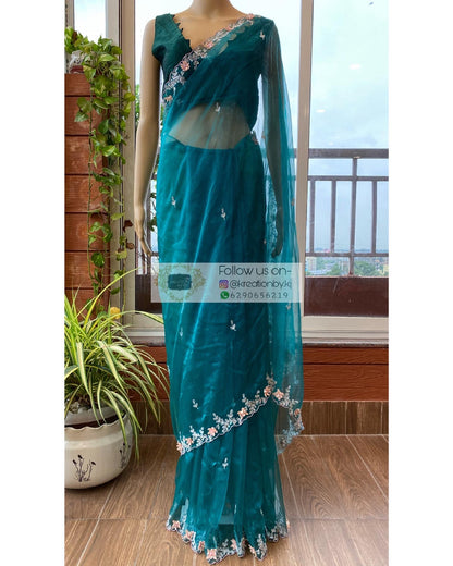 Teal Blue Floral Applique Glass Tissue Saree - kreationbykj