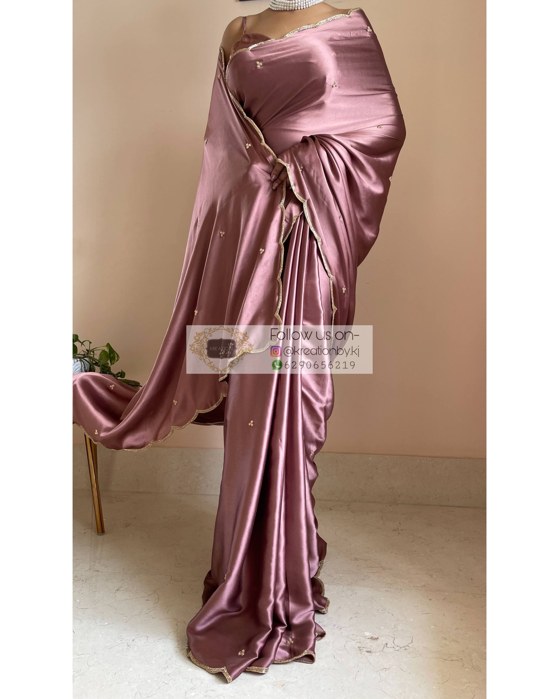 Rose Gold Satin Silk Saree With Handembroidered Scalloping - kreationbykj