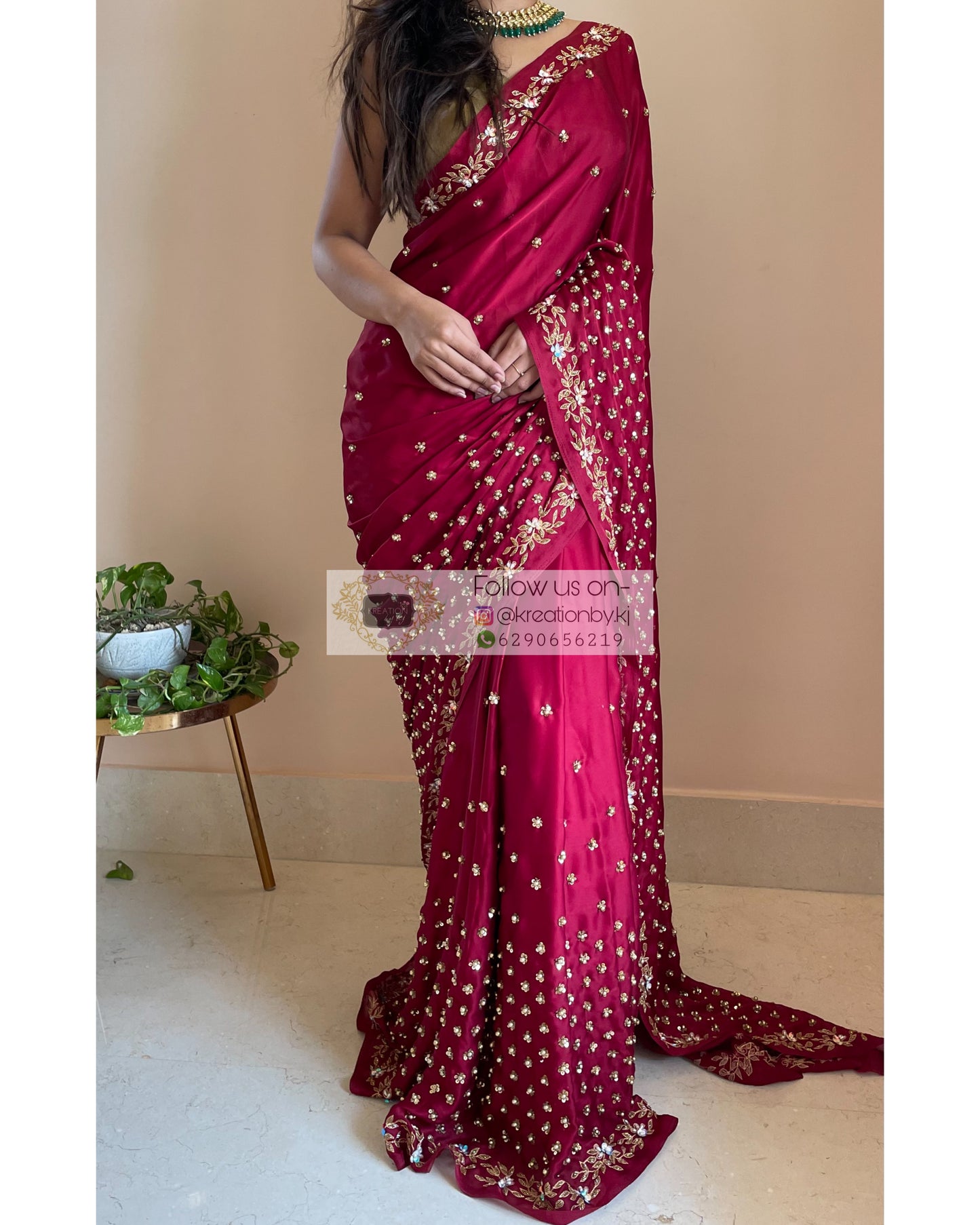 Maroon Crepe Silk Badan pe Sitare - kreationbykj