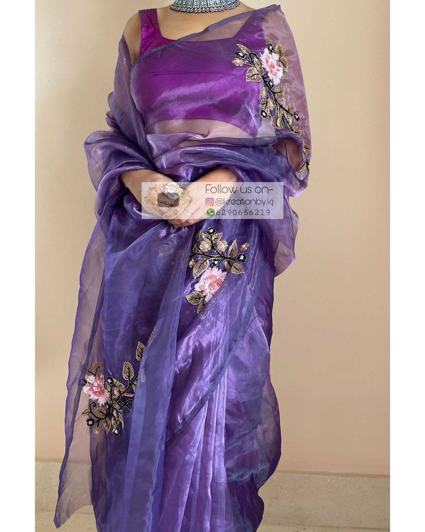 Violet Glass Tissue Saree With Hand Embroidered Floral Motifs - kreationbykj