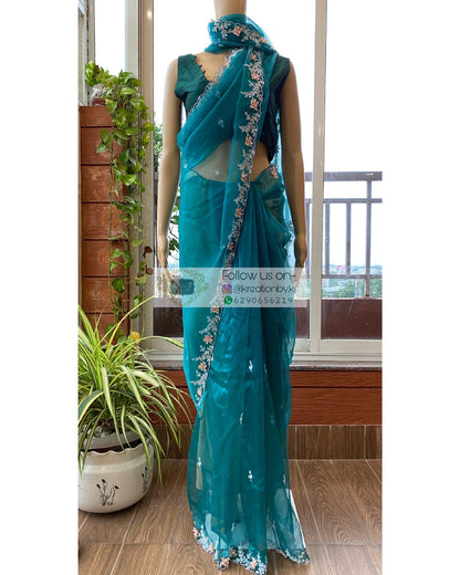 Teal Blue Floral Applique Glass Tissue Saree - kreationbykj