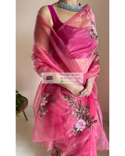 Pink Glass Tissue Saree With Handembroidered Floral Motifs - kreationbykj