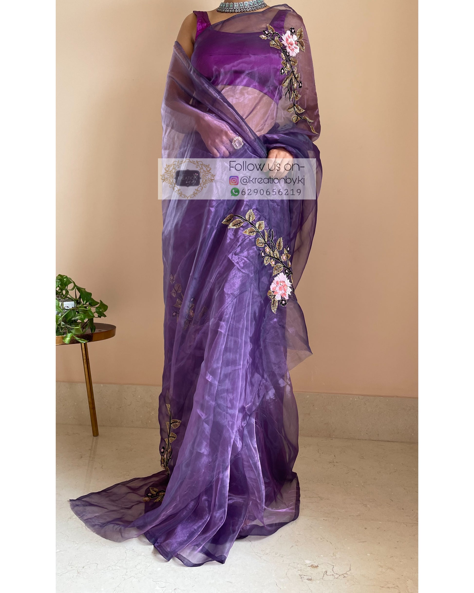 Violet Glass Tissue Saree With Hand Embroidered Floral Motifs - kreationbykj