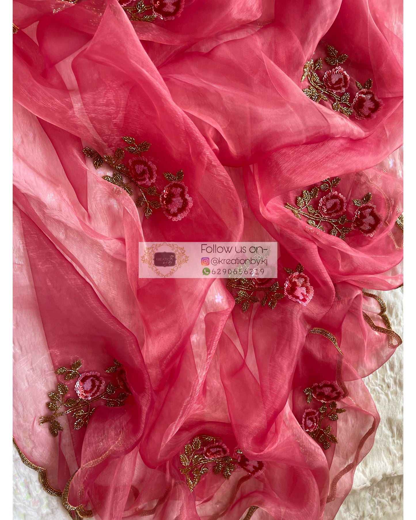 Pink Glass Tissue Rose Dupatta - kreationbykj