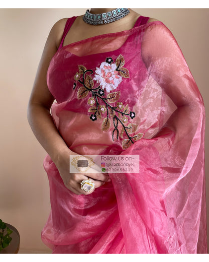 Pink Glass Tissue Saree With Handembroidered Floral Motifs - kreationbykj