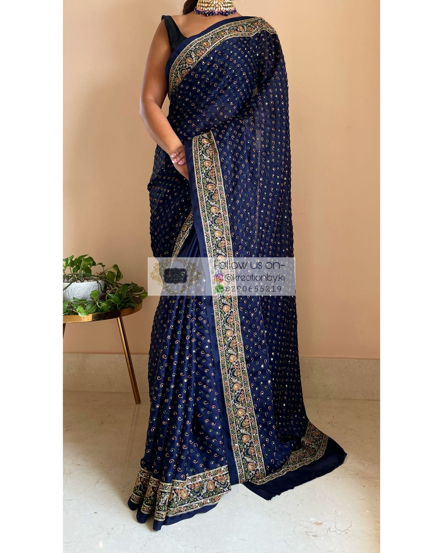 Navy Blue Bridal Handembroidered Saree - kreationbykj