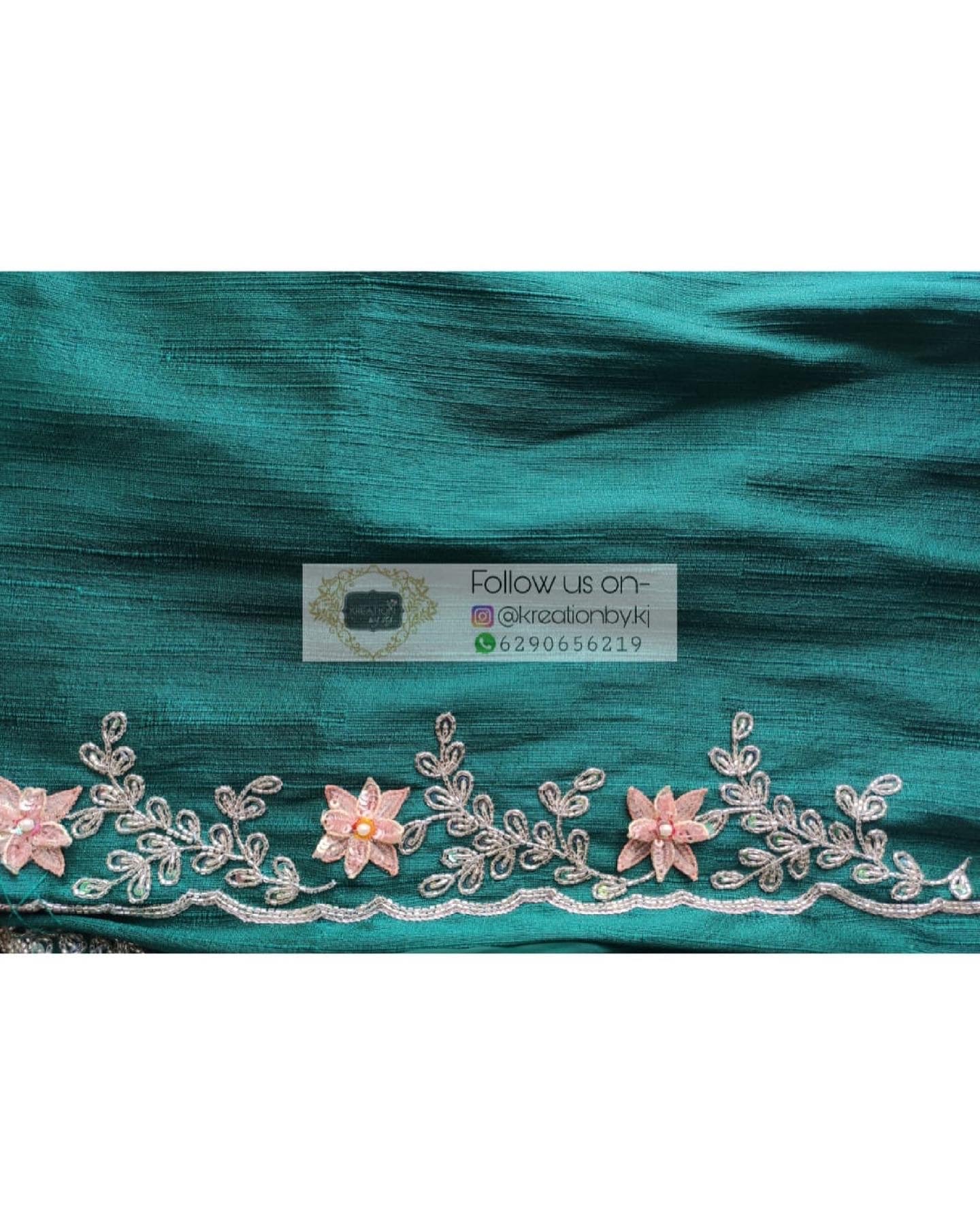 Teal Blue Floral Applique Glass Tissue Saree - kreationbykj