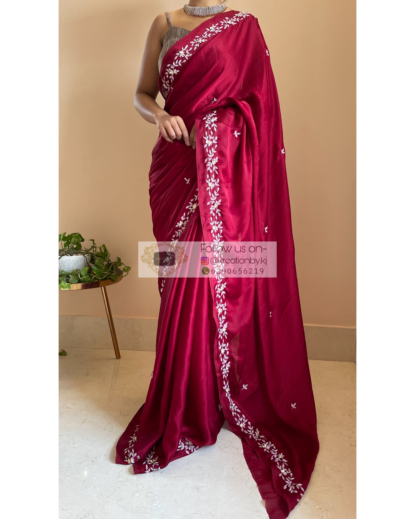 Maroon Crepe Silk Chandani Saree - kreationbykj