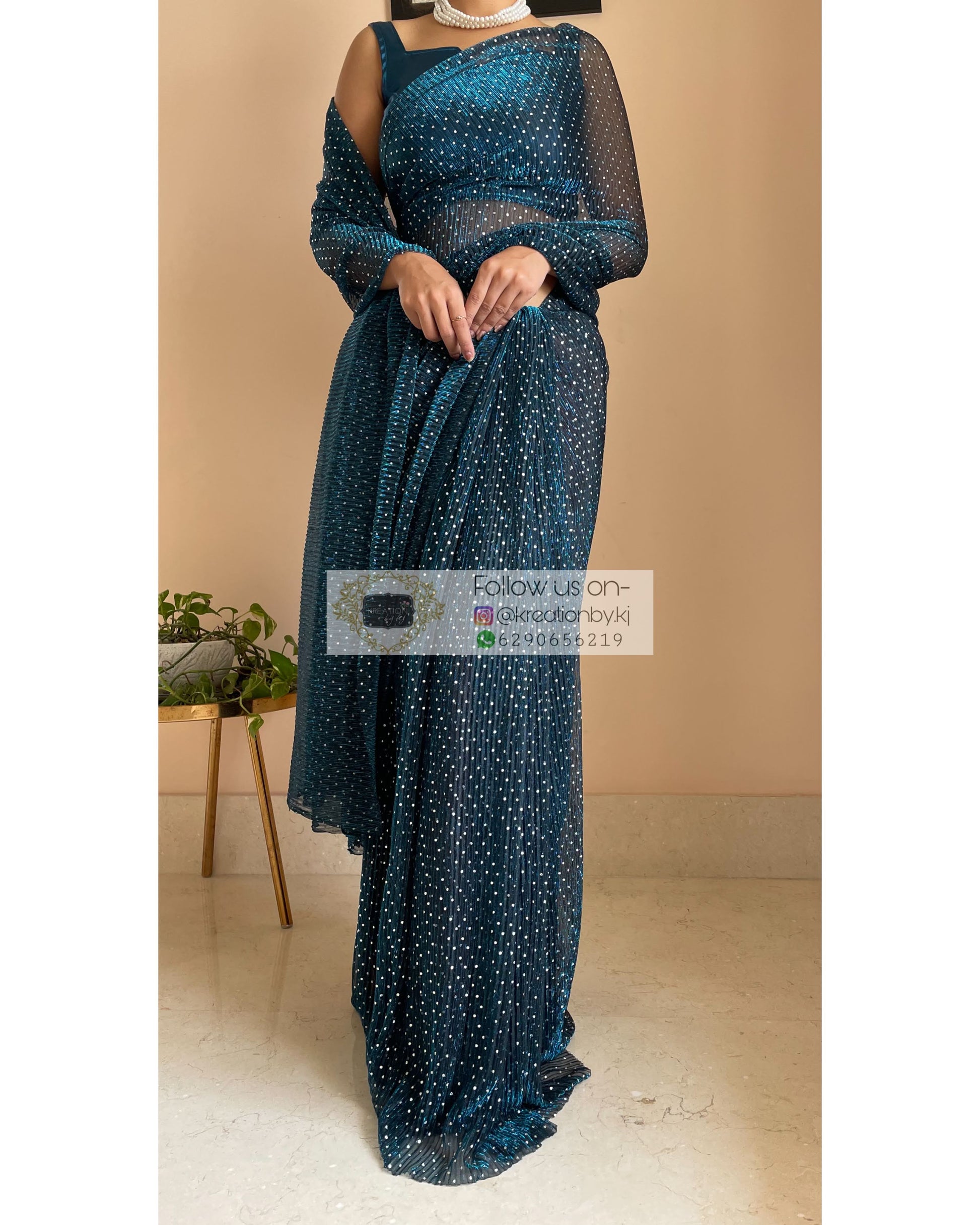 Blue Pleated Shimmer Net Saree - kreationbykj