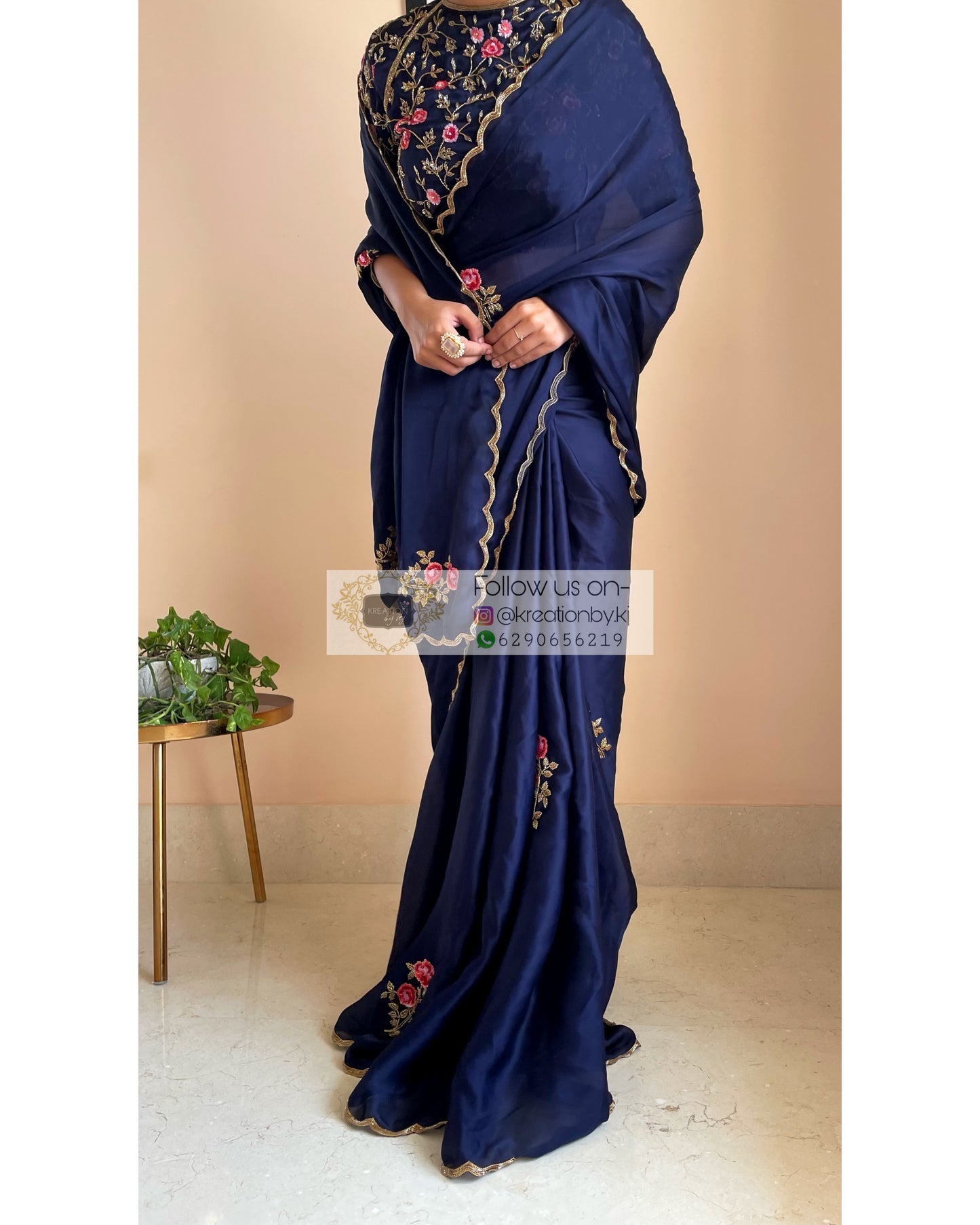 Remember the Roses Navy Blue Crepe Silk Saree - kreationbykj