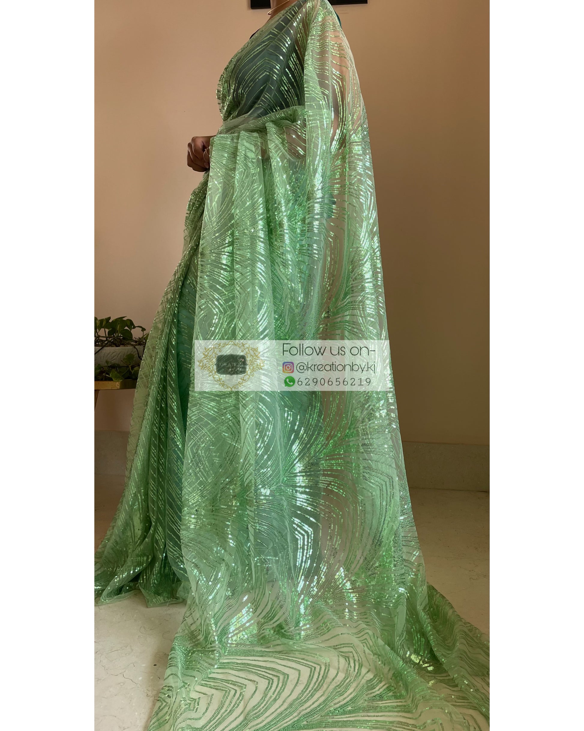 Light Green Sequins Embroidered Net Saree - kreationbykj