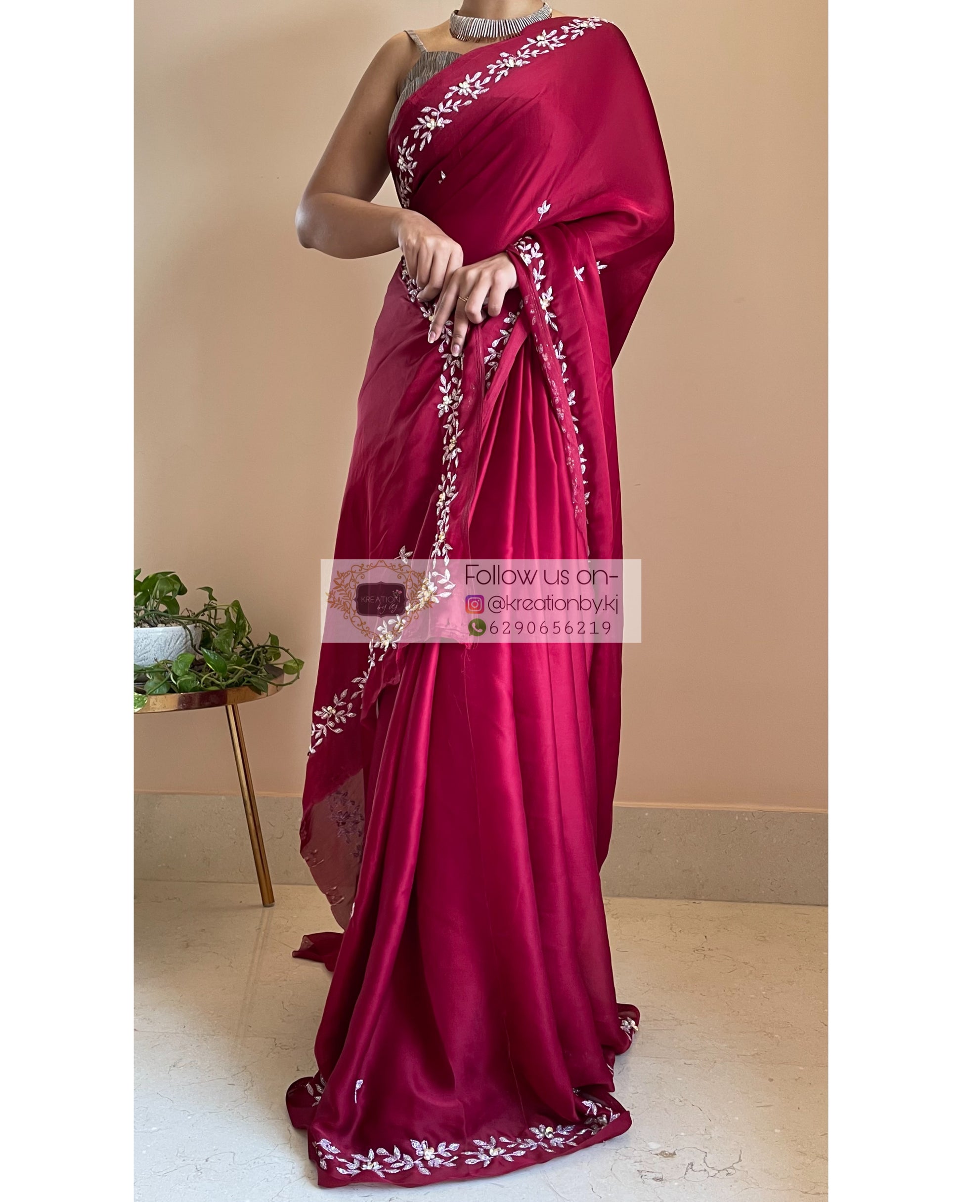 Maroon Crepe Silk Chandani Saree - kreationbykj