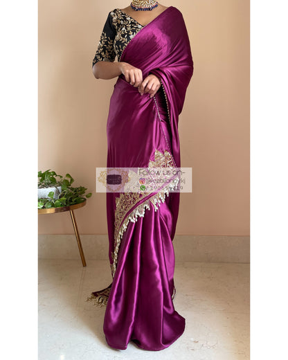 Dark Purple Satin Silk Taj Mahal Saree - kreationbykj