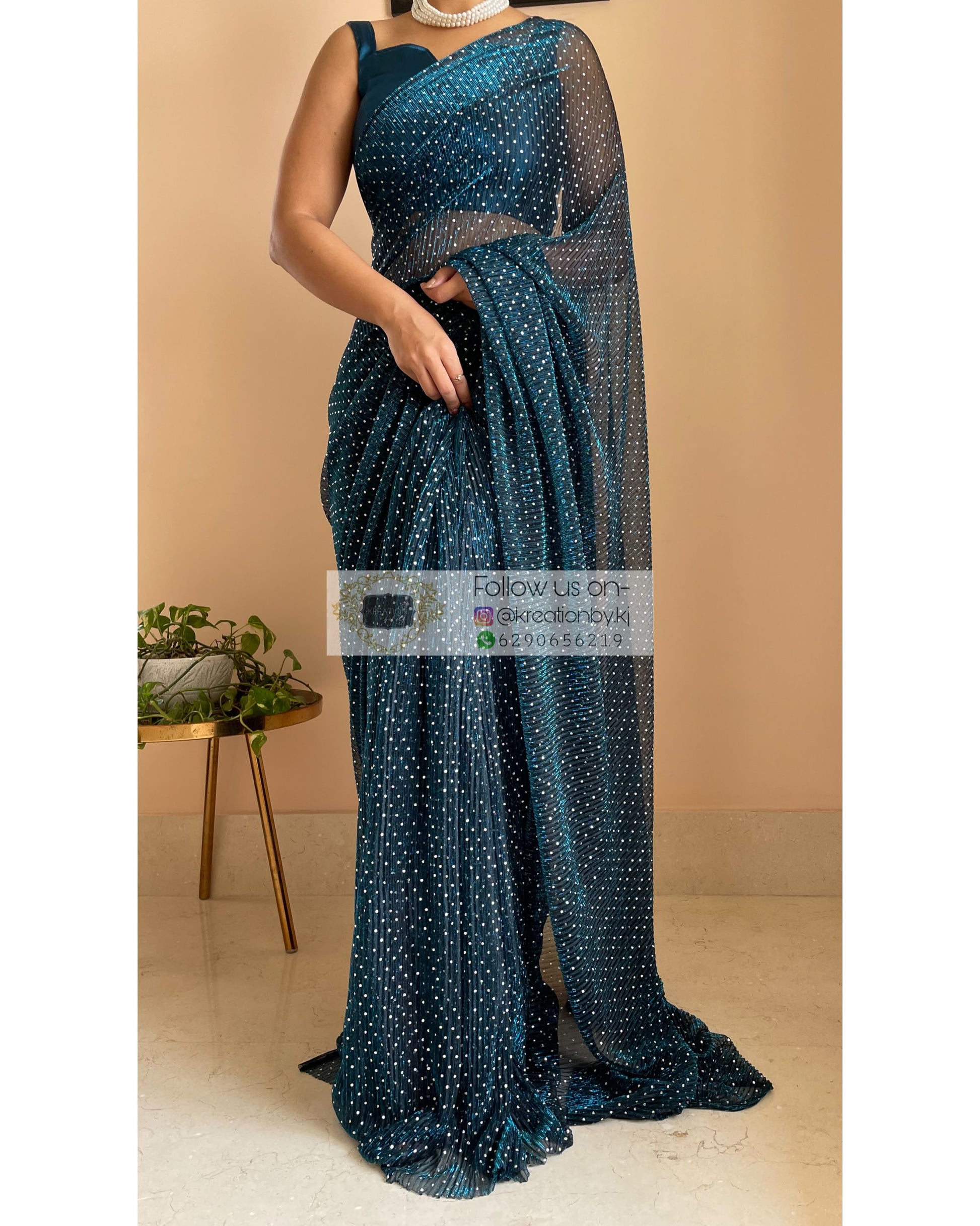 Blue Pleated Shimmer Net Saree - kreationbykj