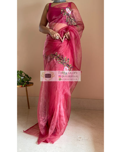 Pink Glass Tissue Saree With Handembroidered Floral Motifs - kreationbykj