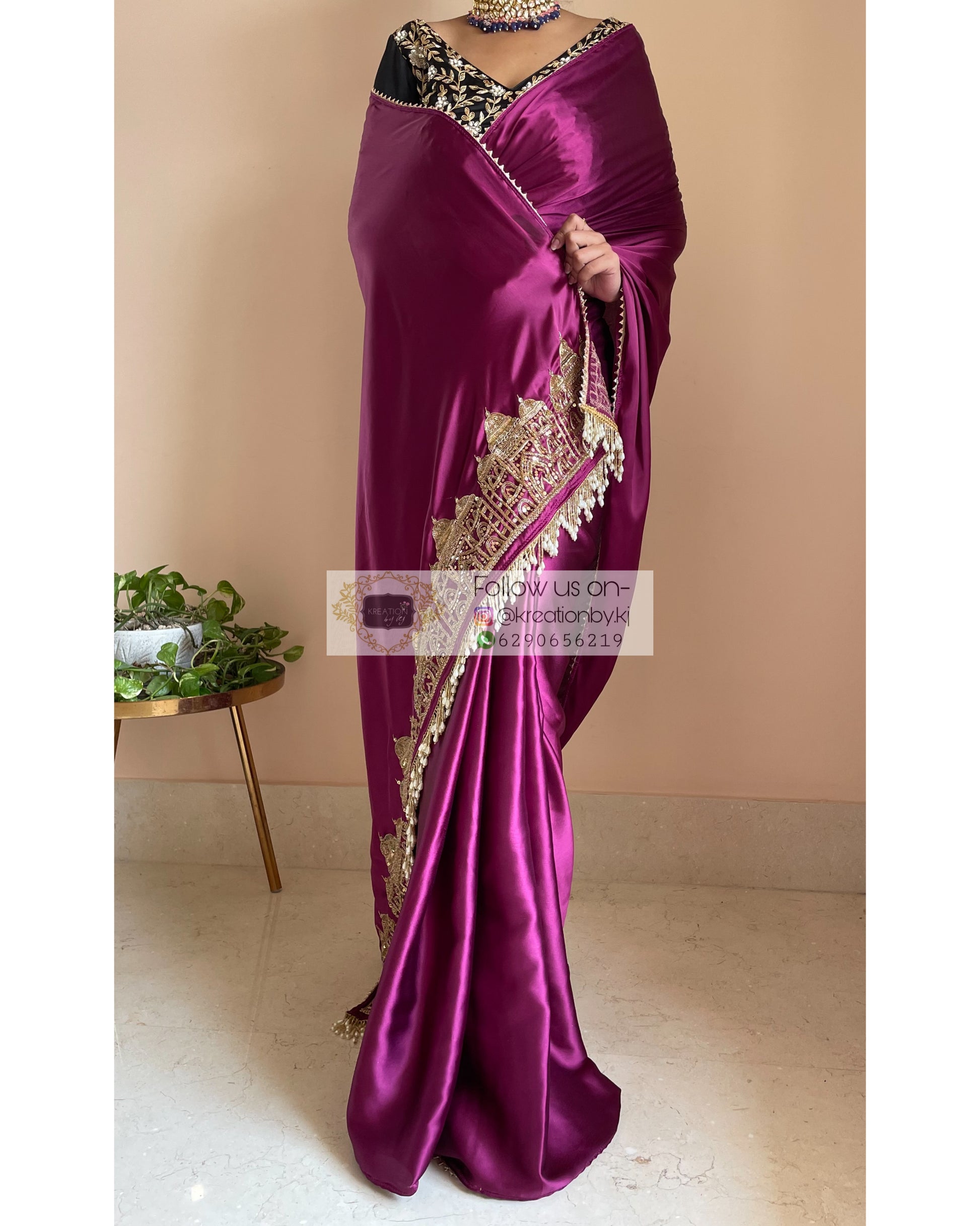 Dark Purple Satin Silk Taj Mahal Saree - kreationbykj