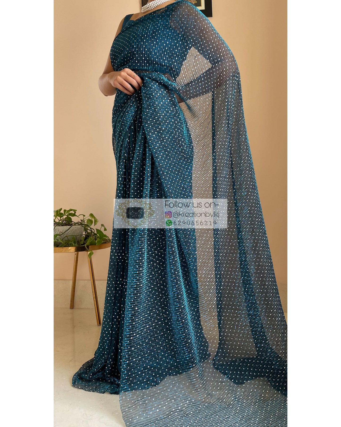 Blue Pleated Shimmer Net Saree - kreationbykj