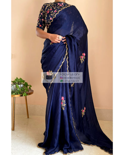 Remember the Roses Navy Blue Crepe Silk Saree - kreationbykj