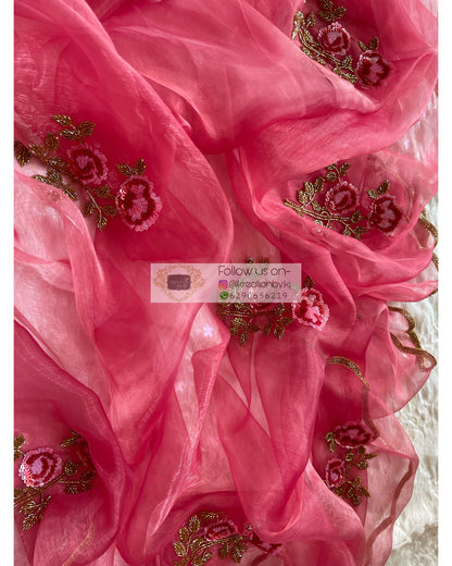 Pink Glass Tissue Rose Dupatta - kreationbykj