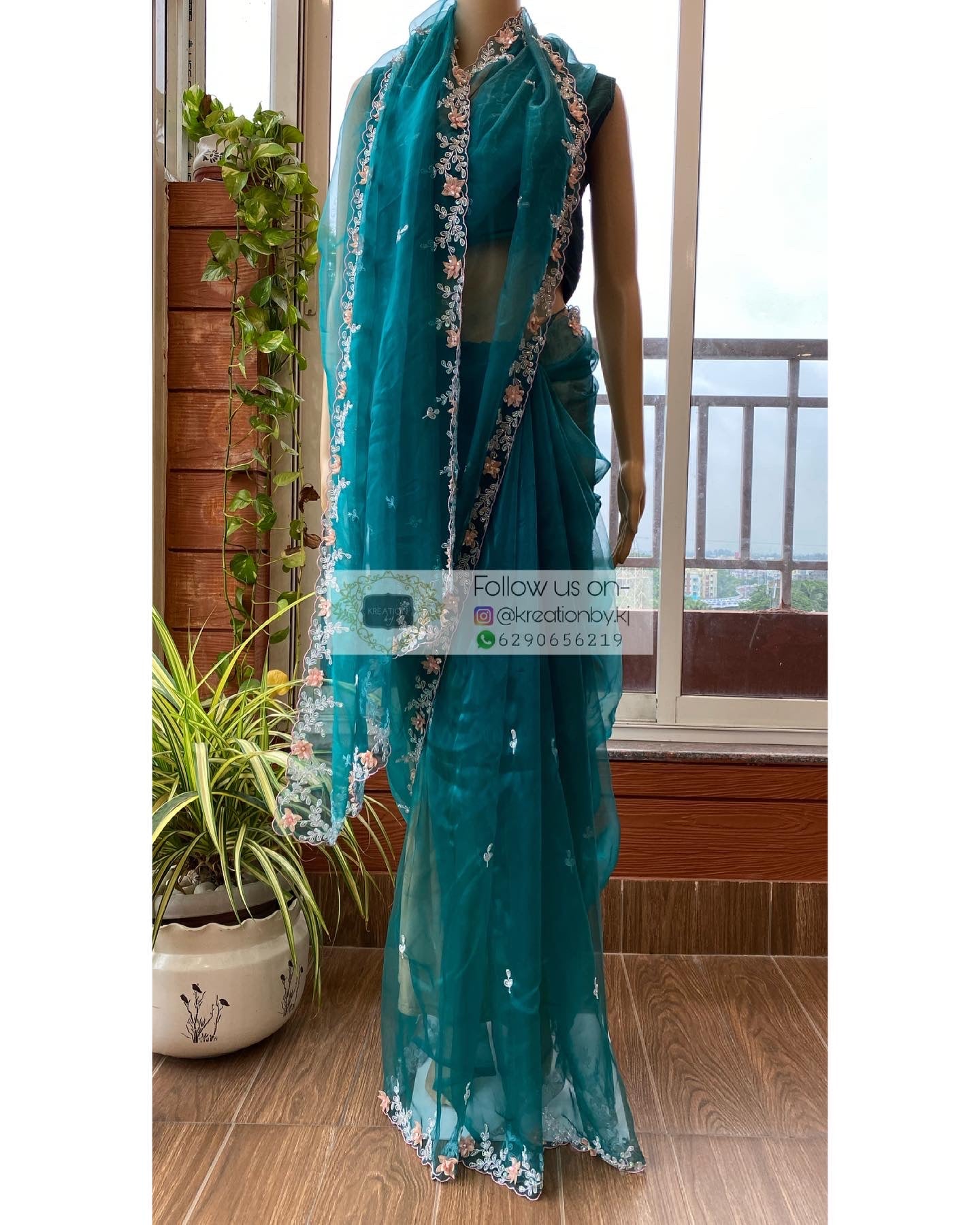 Teal Blue Floral Applique Glass Tissue Saree - kreationbykj