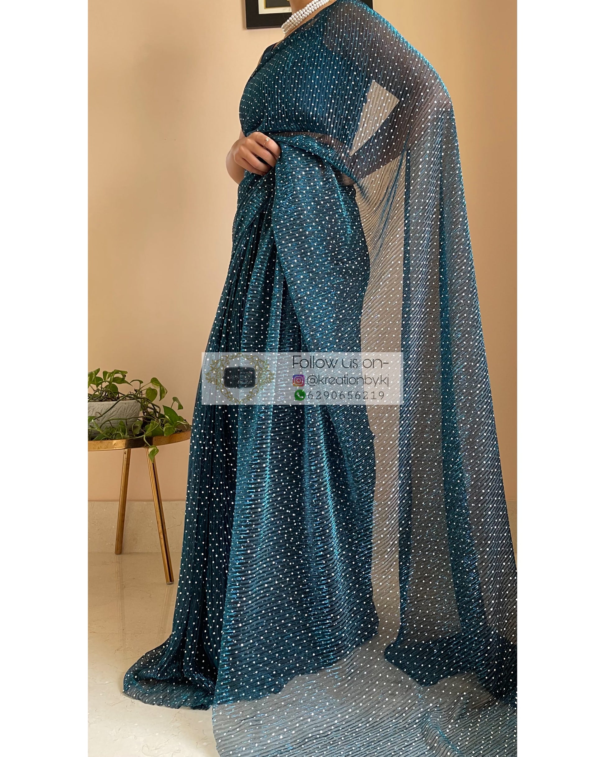 Blue Pleated Shimmer Net Saree - kreationbykj