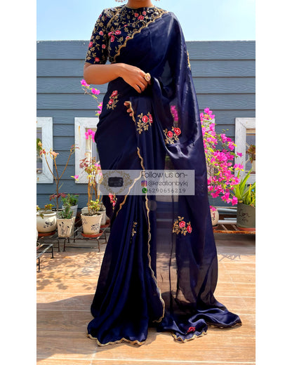 Remember the Roses Navy Blue Crepe Silk Saree - kreationbykj