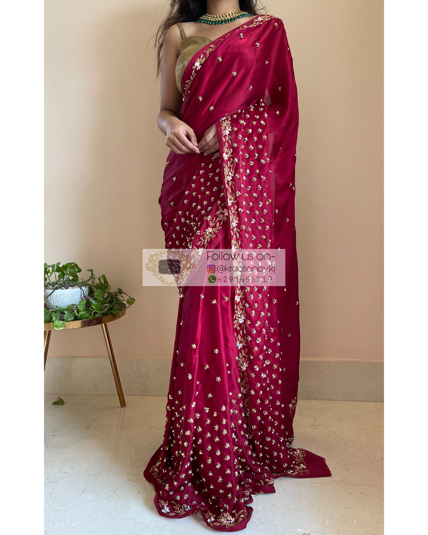 Maroon Crepe Silk Badan pe Sitare - kreationbykj