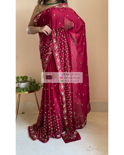 Maroon Crepe Silk Badan pe Sitare - kreationbykj