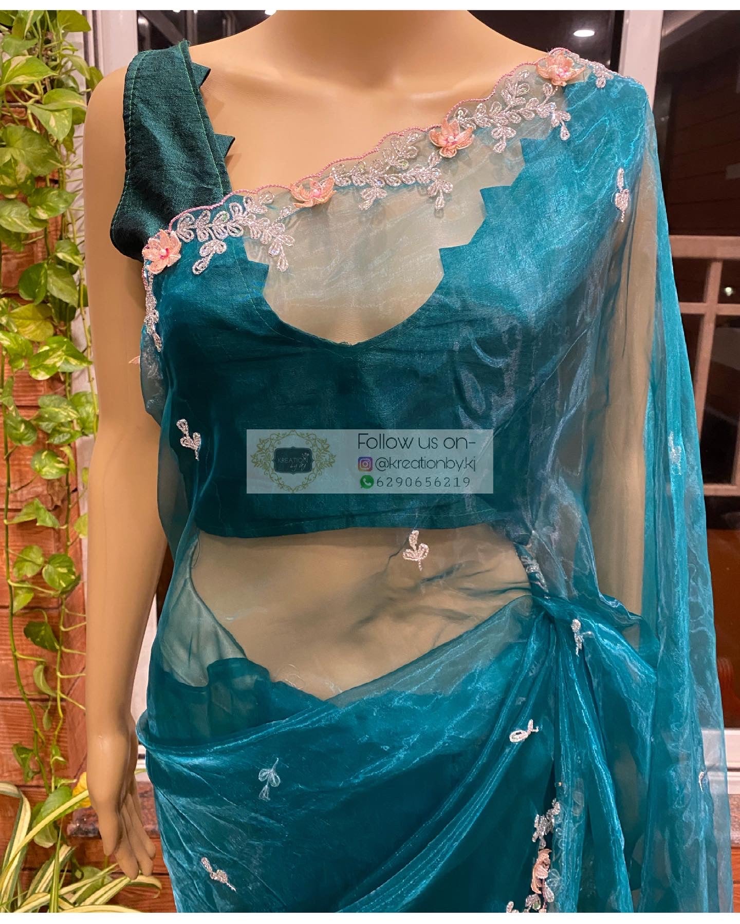 Teal Blue Floral Applique Glass Tissue Saree - kreationbykj