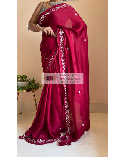 Maroon Crepe Silk Chandani Saree - kreationbykj