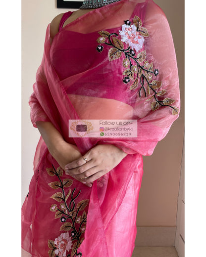 Pink Glass Tissue Saree With Handembroidered Floral Motifs - kreationbykj