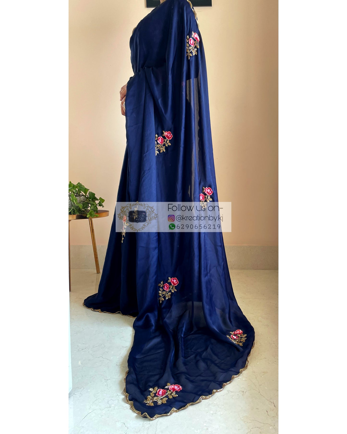 Remember the Roses Navy Blue Crepe Silk Saree - kreationbykj