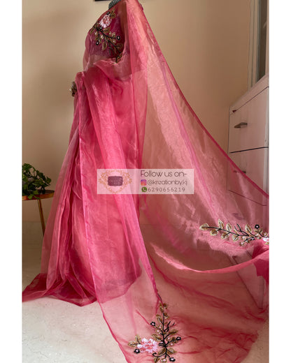 Pink Glass Tissue Saree With Handembroidered Floral Motifs - kreationbykj