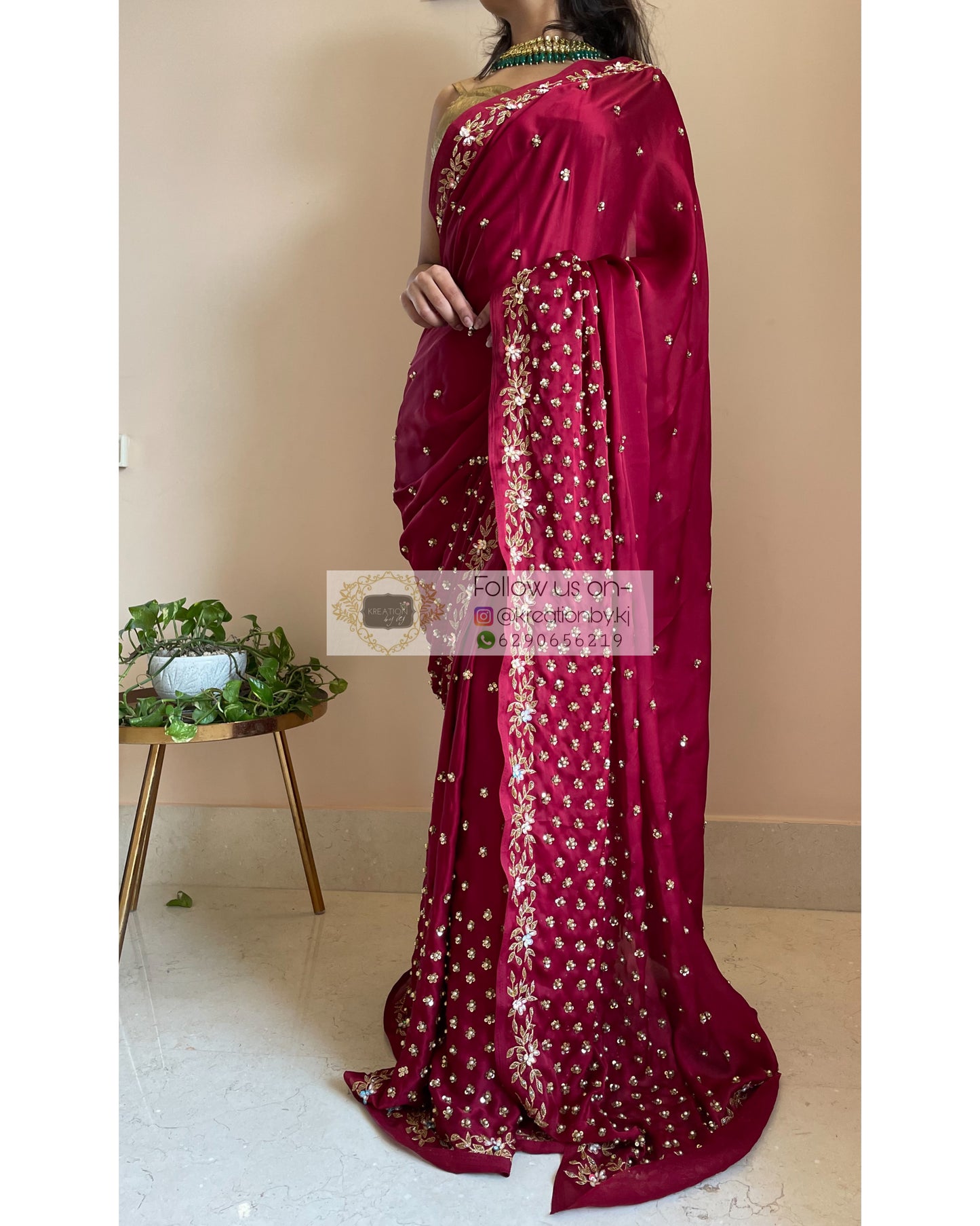 Maroon Crepe Silk Badan pe Sitare - kreationbykj