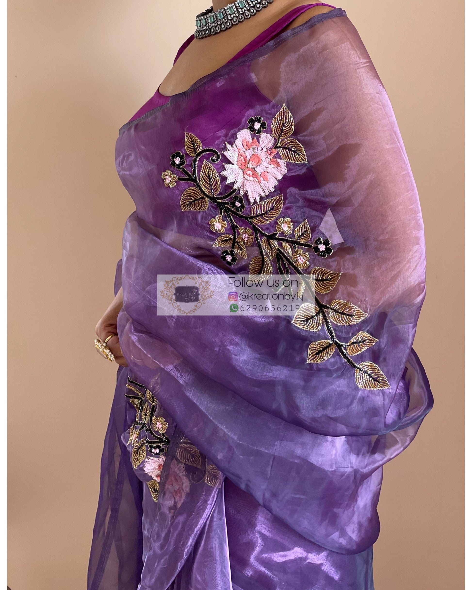 Violet Glass Tissue Saree With Hand Embroidered Floral Motifs - kreationbykj