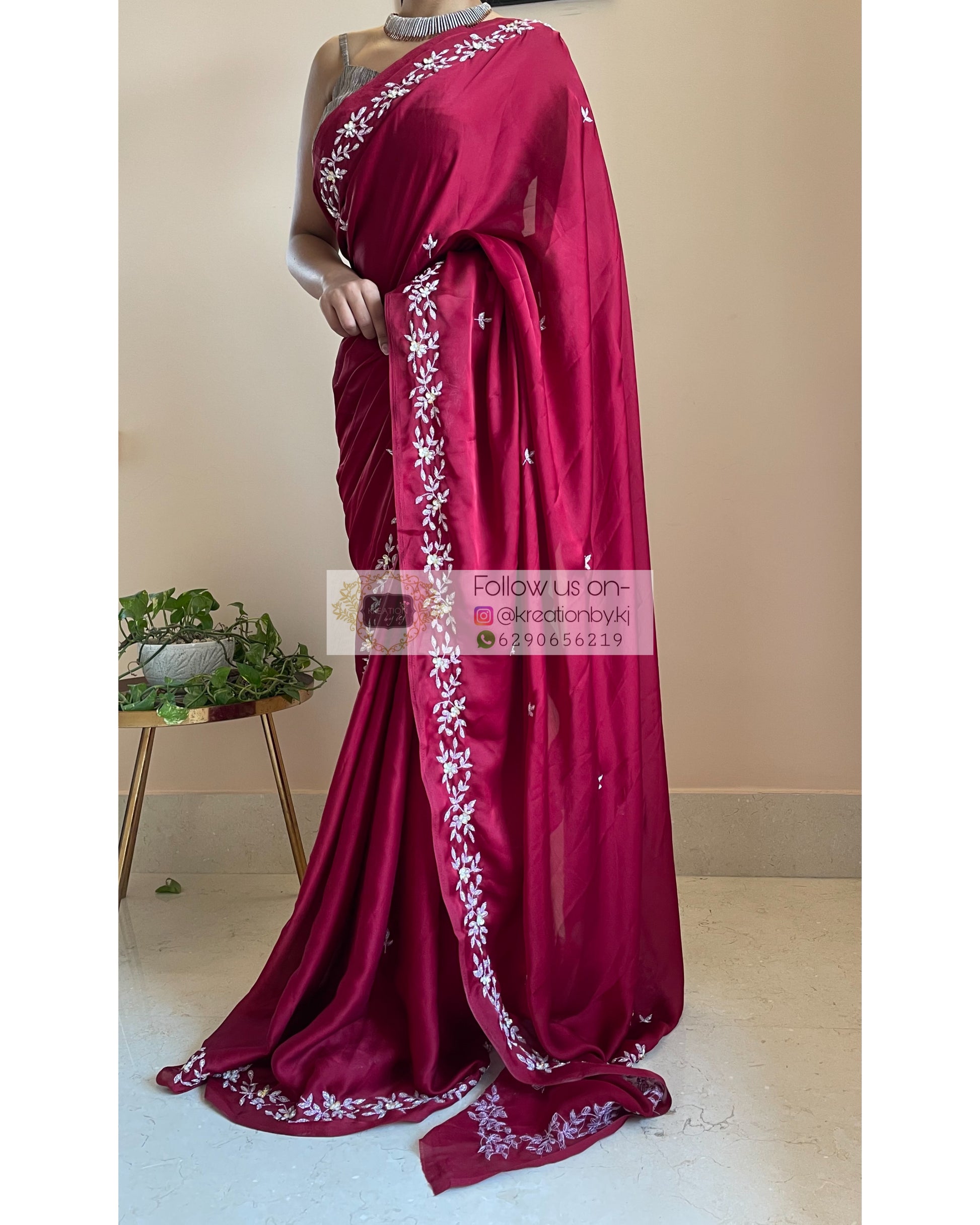 Maroon Crepe Silk Chandani Saree - kreationbykj