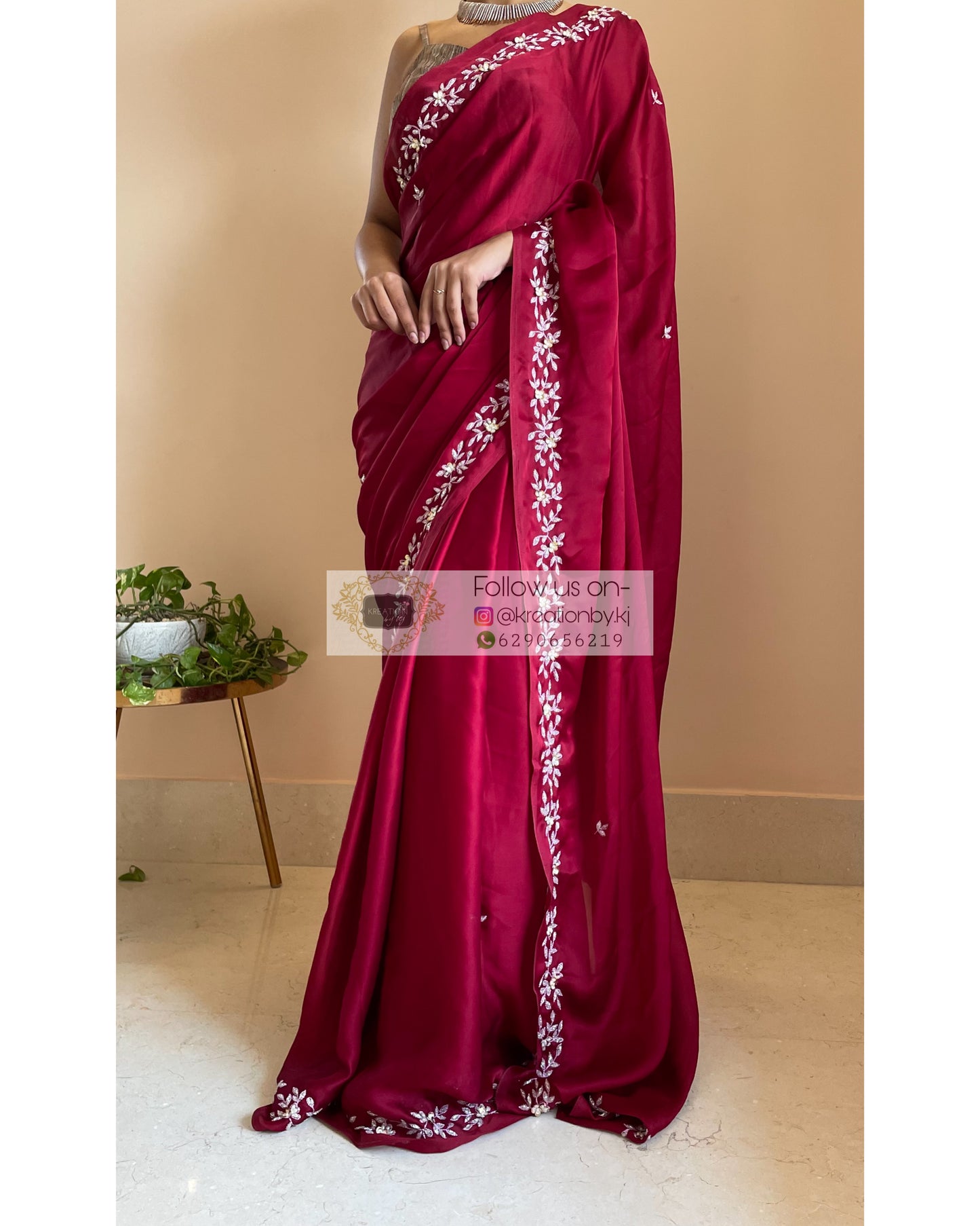 Maroon Crepe Silk Chandani Saree - kreationbykj