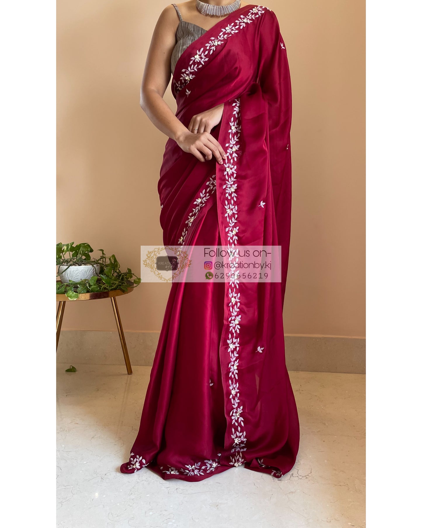 Maroon Crepe Silk Chandani Saree - kreationbykj