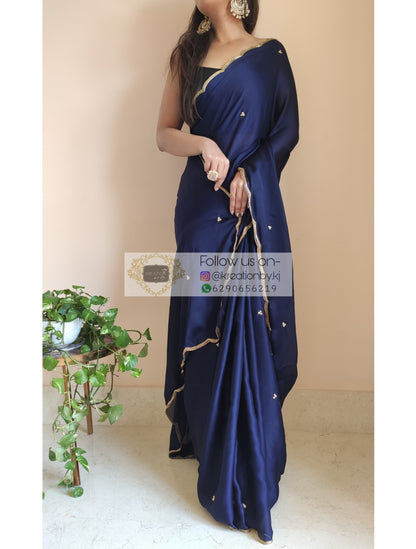 Navy Blue Crepe Silk Saree With Handembroidered Scalloping - kreationbykj