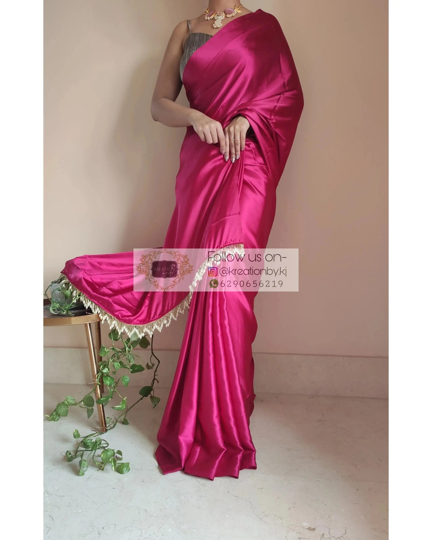 Hot Pink Satin Silk Saree With Handmade Tassels On Pallu - kreationbykj