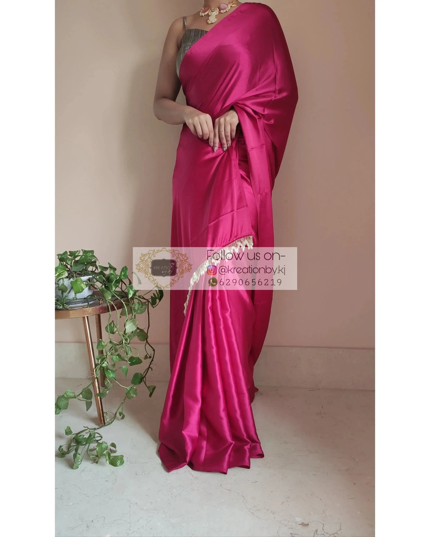 Hot Pink Satin Silk Saree With Handmade Tassels On Pallu - kreationbykj
