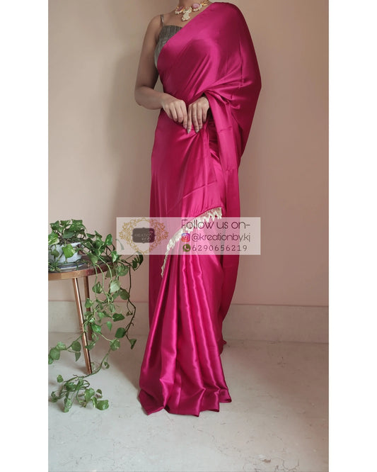 Hot Pink Satin Silk Saree With Handmade Tassels On Pallu - kreationbykj
