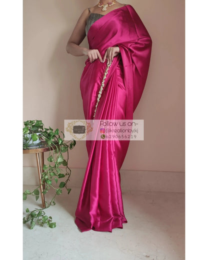 Hot Pink Satin Silk Saree With Handmade Tassels On Pallu - kreationbykj