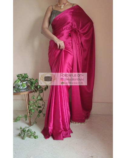Hot Pink Satin Silk Saree With Handmade Tassels On Pallu - kreationbykj