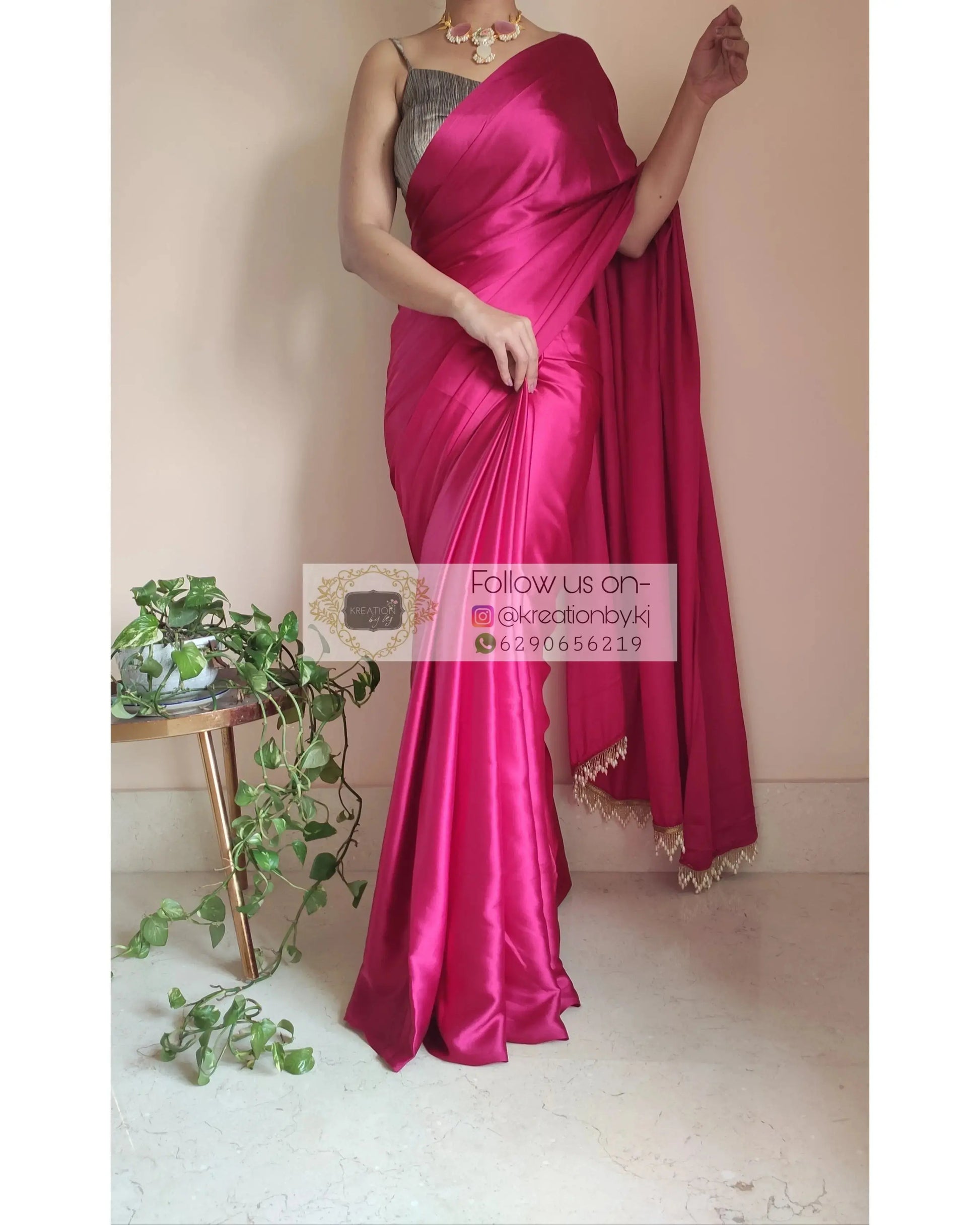 Hot Pink Satin Silk Saree With Handmade Tassels On Pallu - kreationbykj