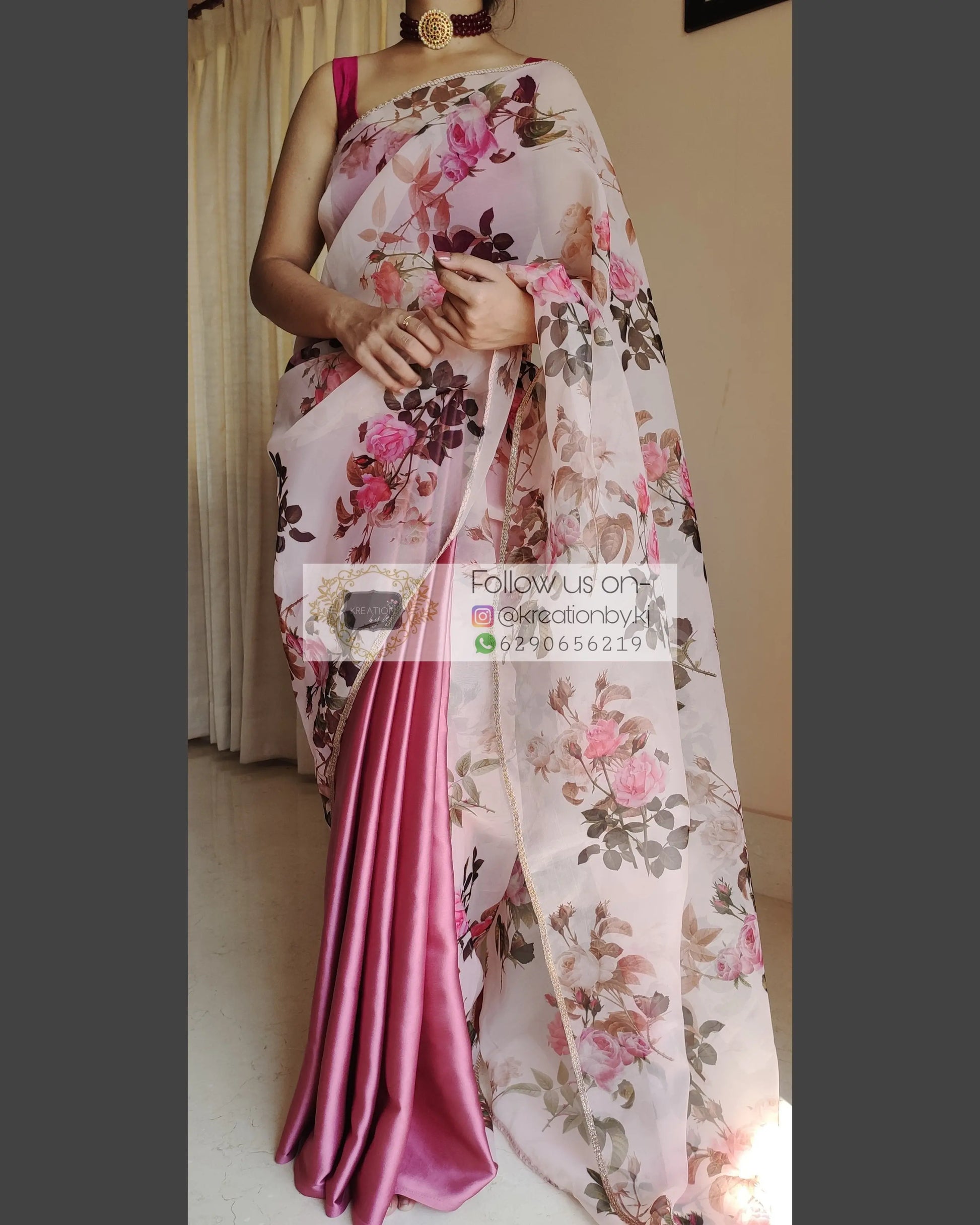 Pink Floral Organza And Satin Saree - kreationbykj