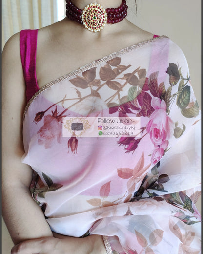 Pink Floral Organza And Satin Saree - kreationbykj